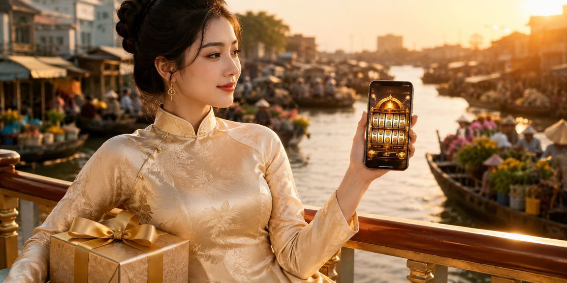 Người phụ nữ mặc áo dài tại Cần Thơ thưởng thức slot game trên điện thoại