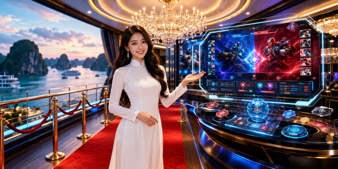 Người dùng Việt Nam trong trang phục áo dài thưởng thức esports betting tại vịnh Hạ Long