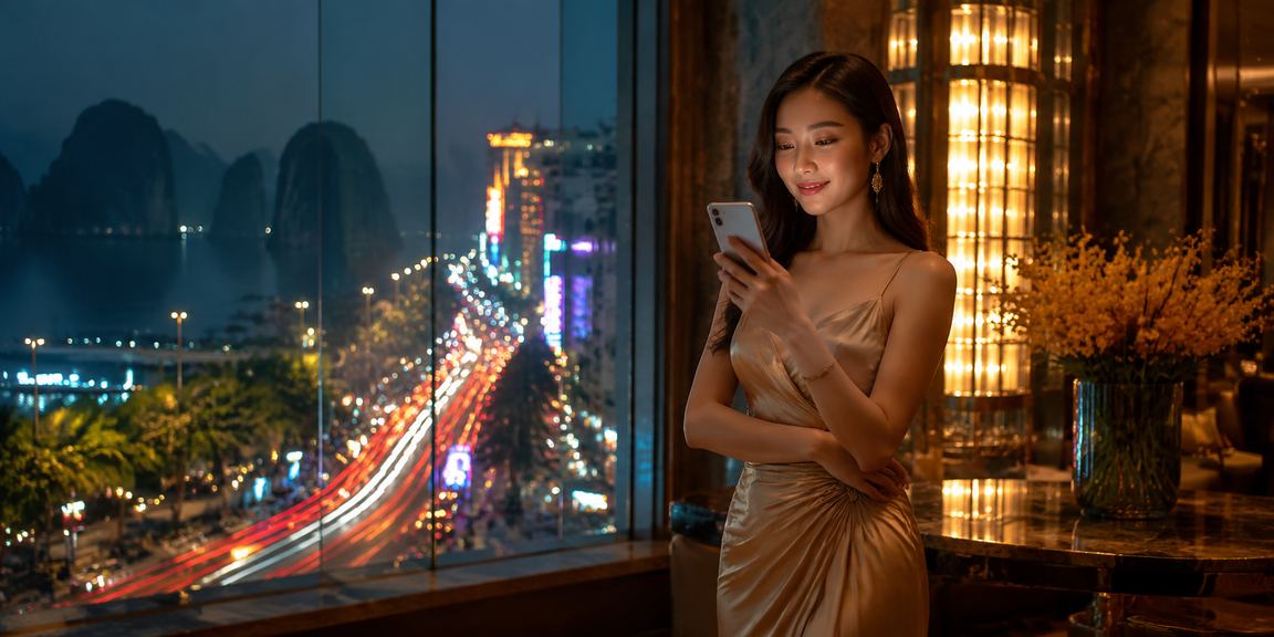 Cảnh vịnh Hạ Long về đêm với ánh đèn neon – biểu tượng cho bảo mật và giải trí số hiện đại