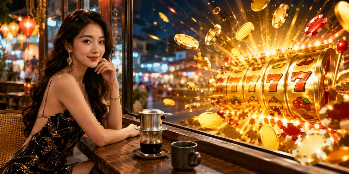 Người chơi tại Nha Trang trải nghiệm slot game và ưu đãi voucher trên điện thoại bên tách cà phê